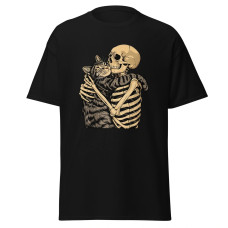 Camiseta Masculina Esqueleto Abraçando Gato – Estilo Dark Art Vintage